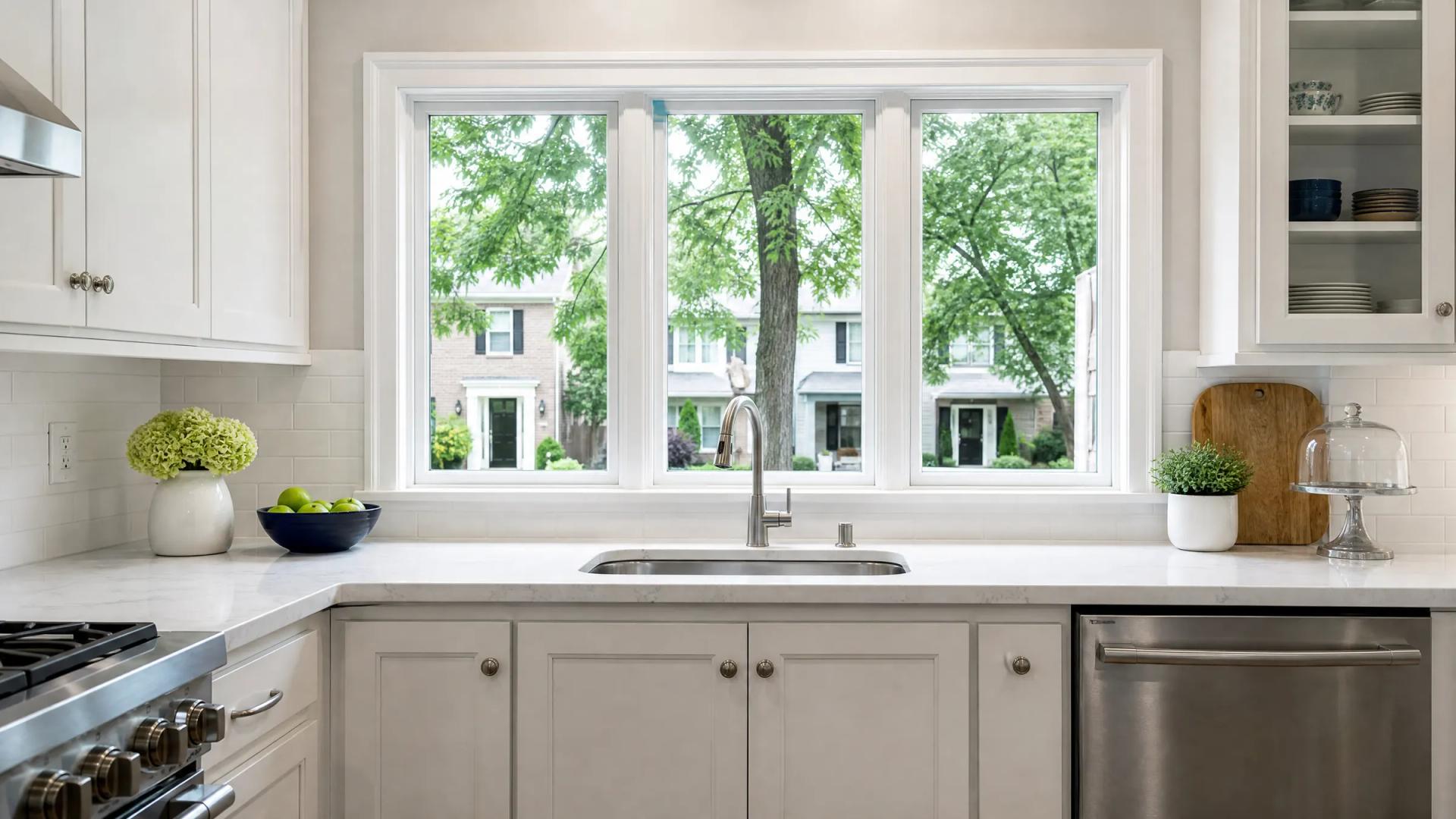 A kitchen with a view over the city