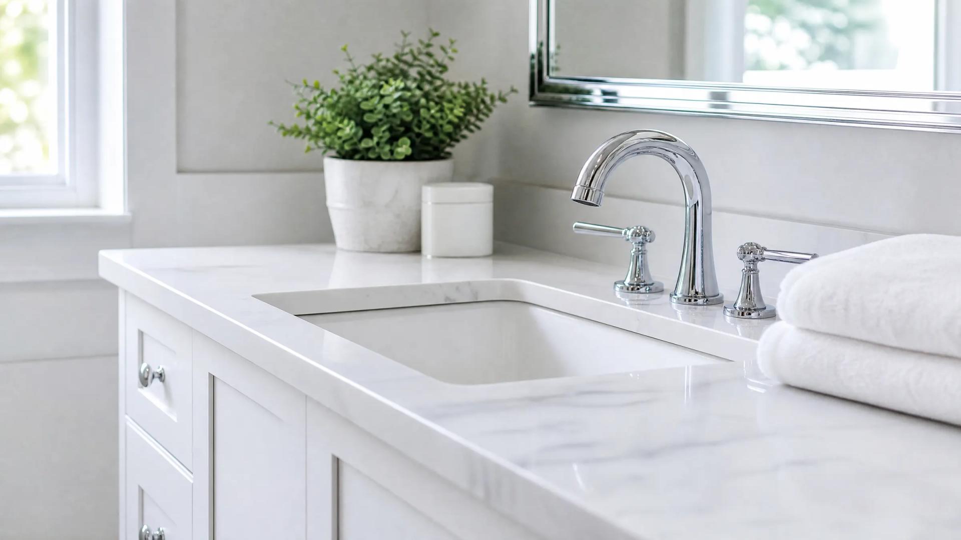 A stone basin in a freshly cleaned bathroom