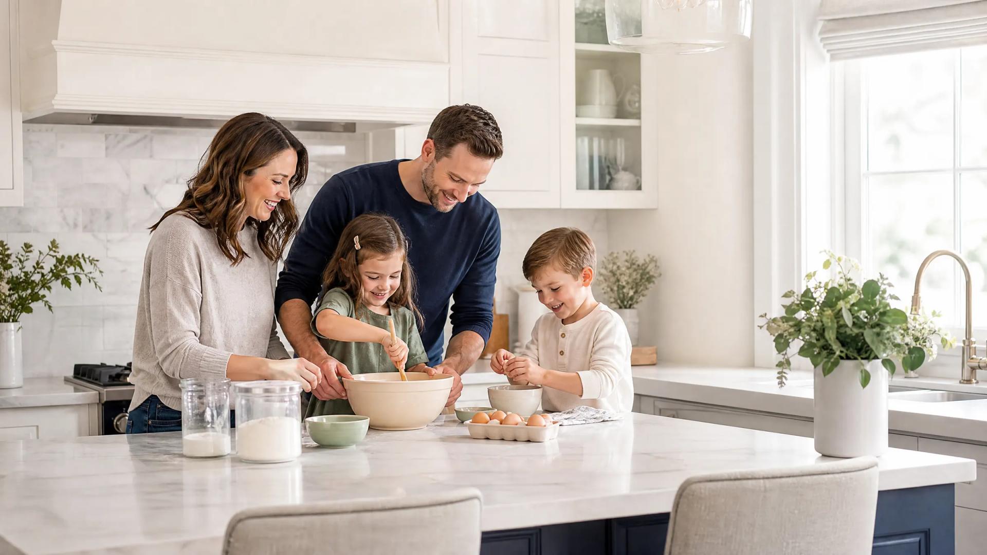 A family at home in a freshly cleaned kitchen