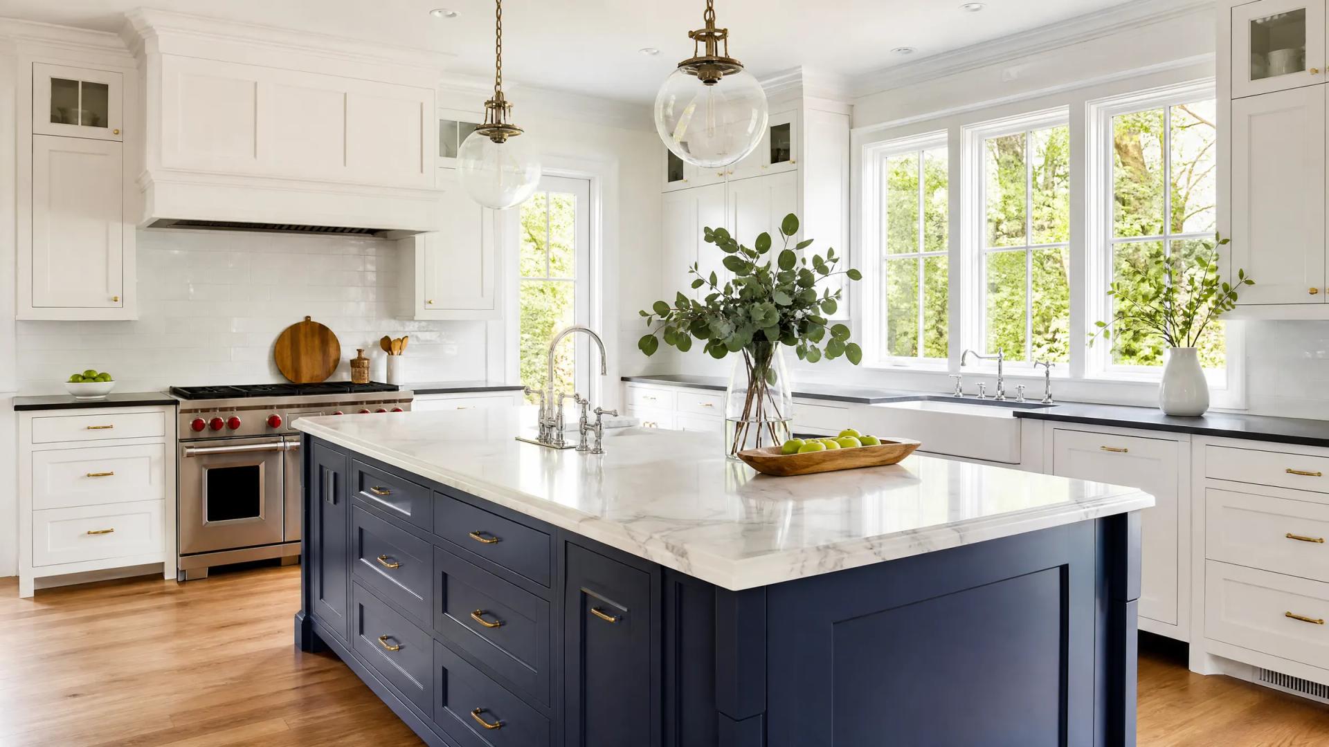 A marble kitchen island, cleaned and clear