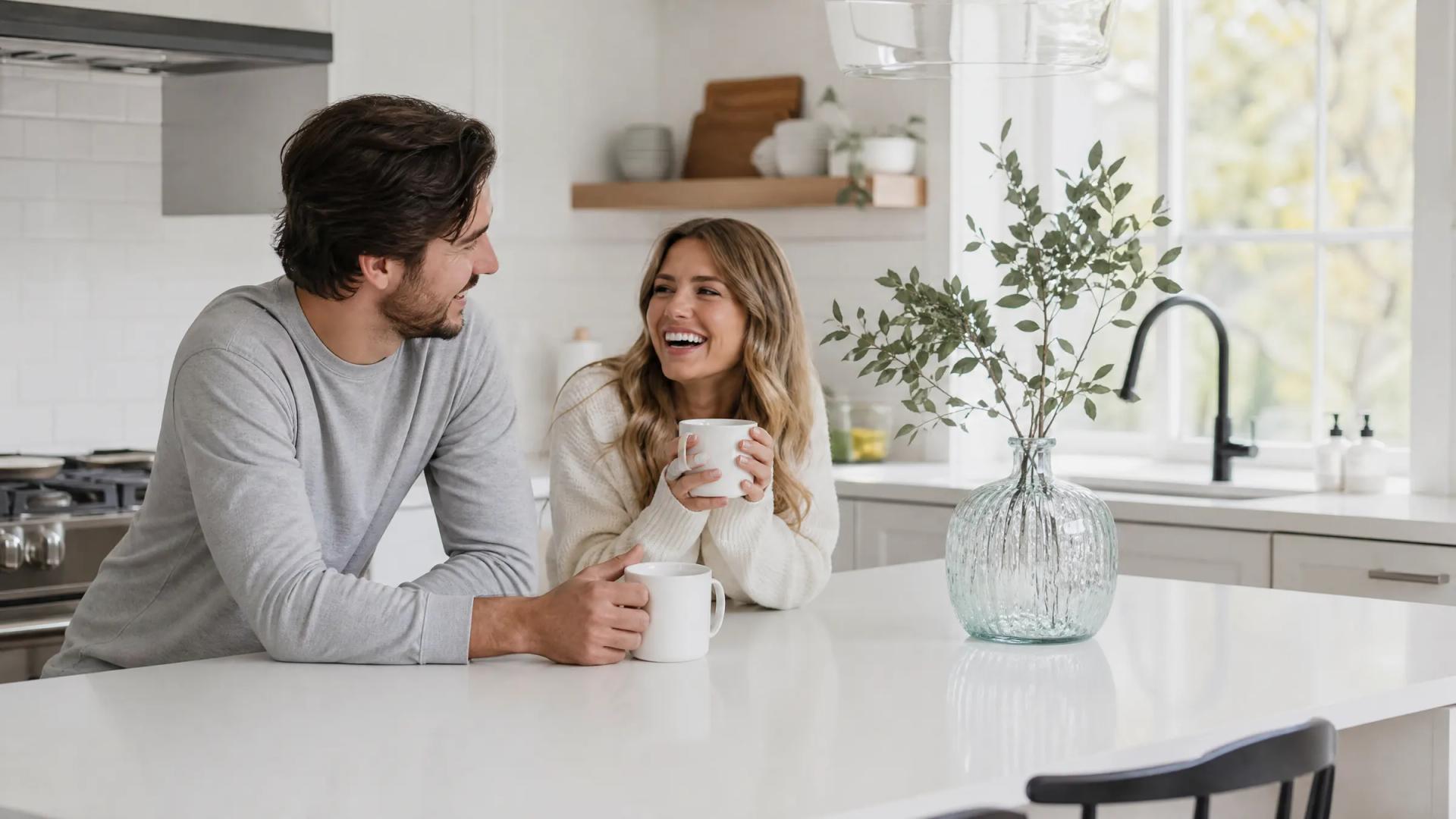 A couple cooking together in a clean kitchen
